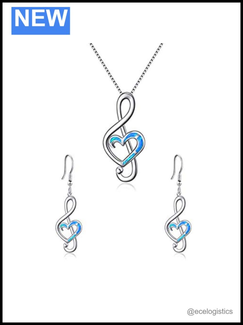 Music Note Jewelry Set Sterling Silver Opal Necklace & Earrings Gift